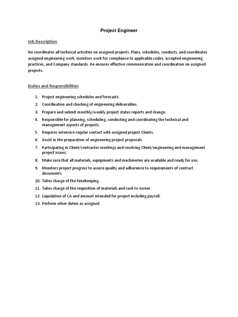 Project Engineer Job Description | PDF | Business | Technology ...