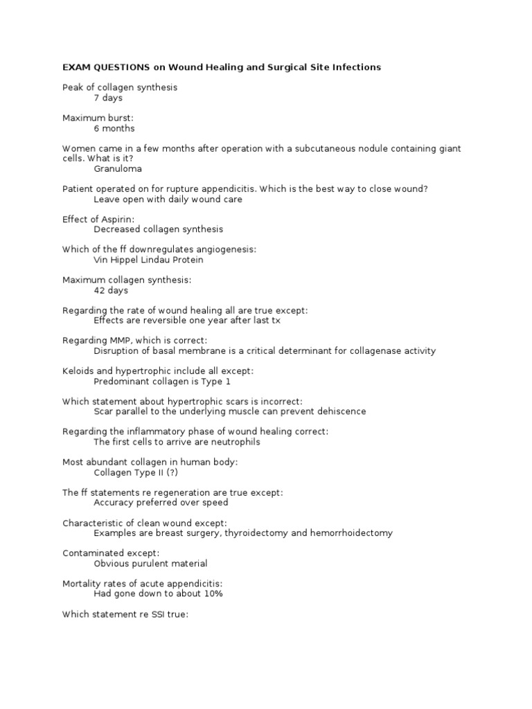 EXAM QUESTIONS On Wound Healing and Surgical Site Infections PDF