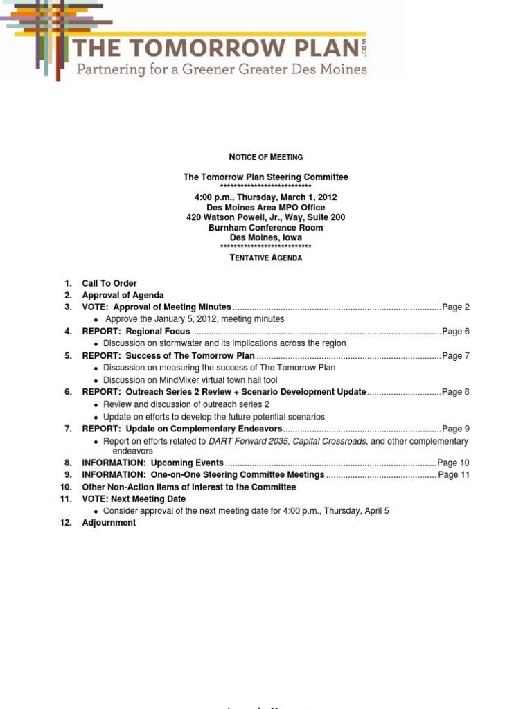 The Tomorrow Plan Steering Committee Agenda - March 1, 2012 | PDF | Des ...