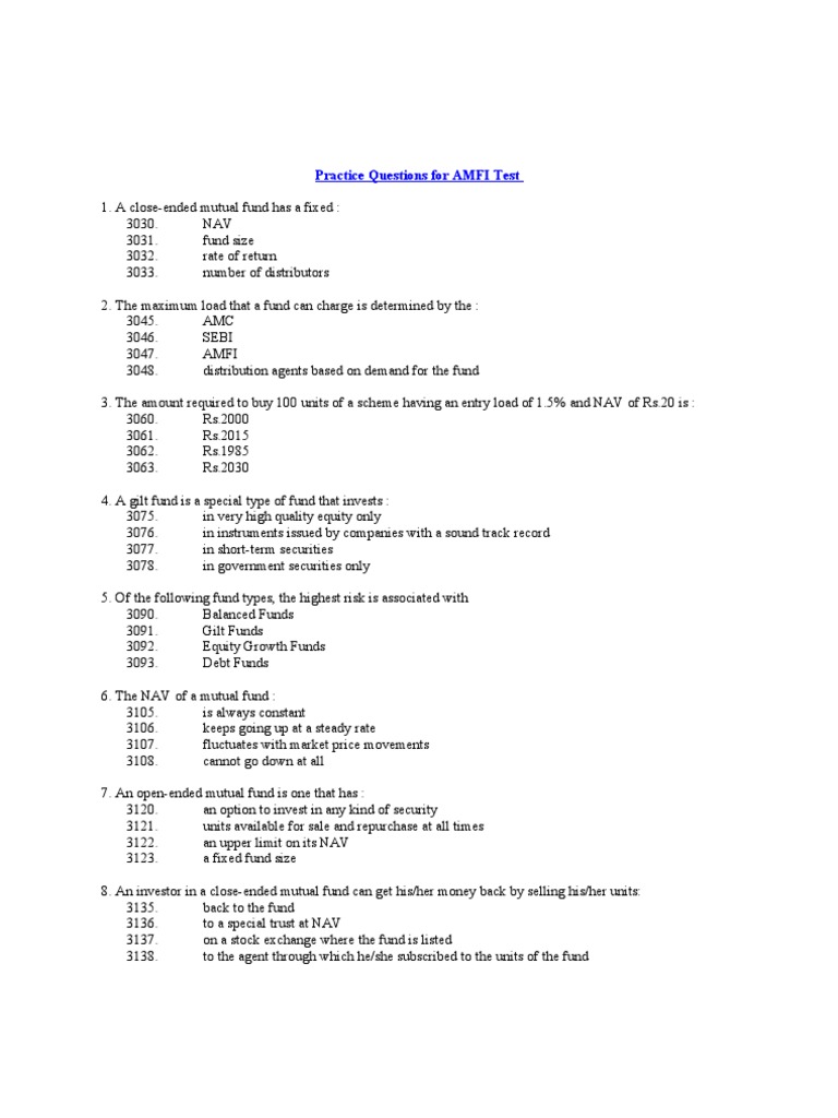 Practice Questions For AMFI Test | PDF | Bonds (Finance) | Mutual Funds