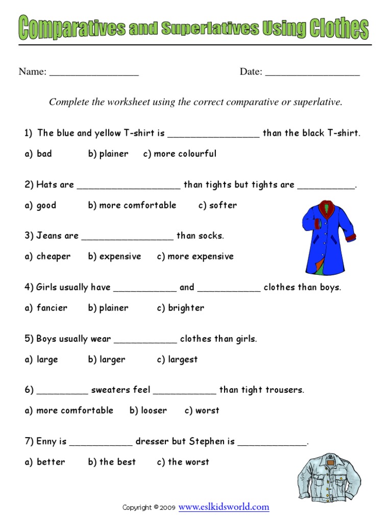Comparatives and Superlatives Using Clothes Worksheet