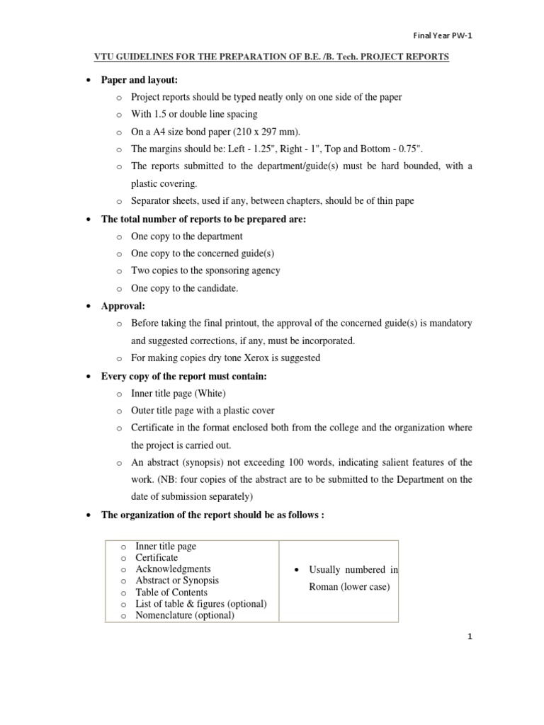 Final Year PW-1 VTU Guidelines For The Preparation of The Project ...