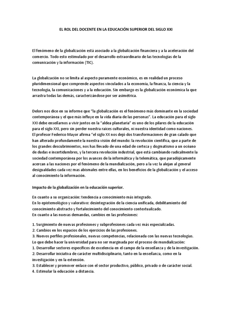 EL ROL DEL DOCENTE EN LA EDUCACIÓN SUPERIOR DEL SIGLO XXI Ensayo | PDF ...