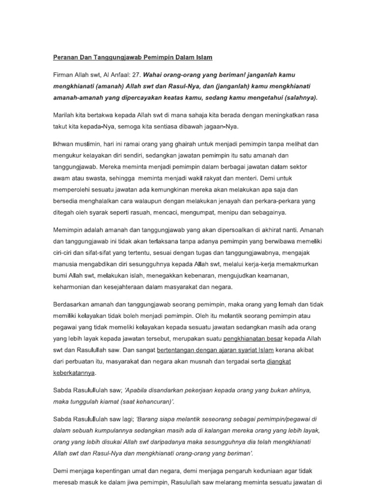 Peranan Dan Tanggungjawab Pemimpin Dalam Islam Pdf