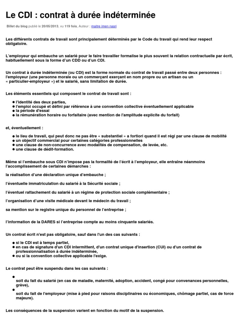Comprendre le CDI : Contrat Indéterminé | PDF | Droit des affaires ...