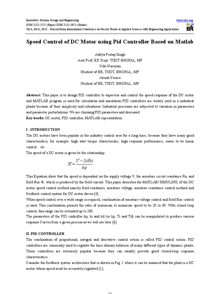 Speed Control of DC Motor Using Pid Controller Based On Matlab | PDF ...