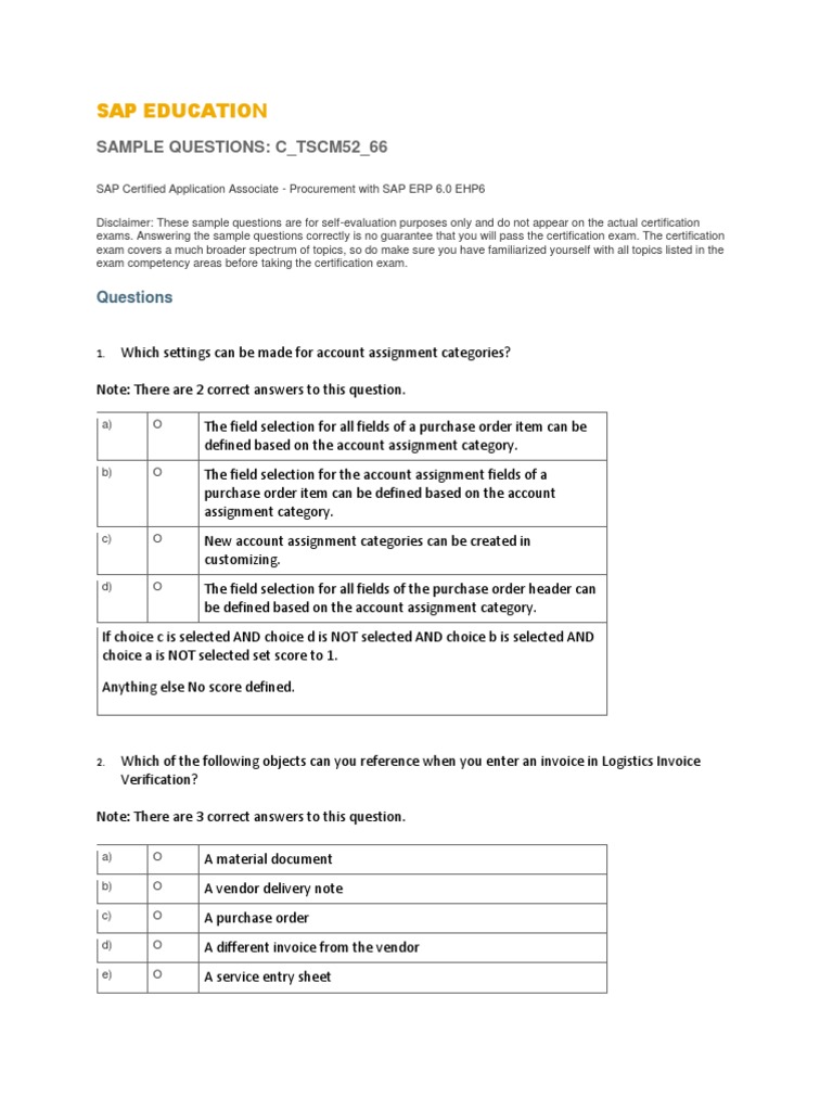 SAP C_TSCM52_66 Exam Sample Questions | PDF | Invoice | Test (Assessment)