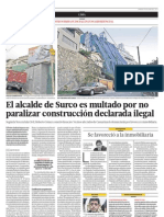 El Alcalde de Surco Es Multado Por No Paralizar Obra Ilegal