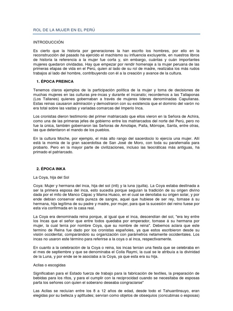 Mujeres en la Historia del Perú | PDF | Imperio Inca | Mujer