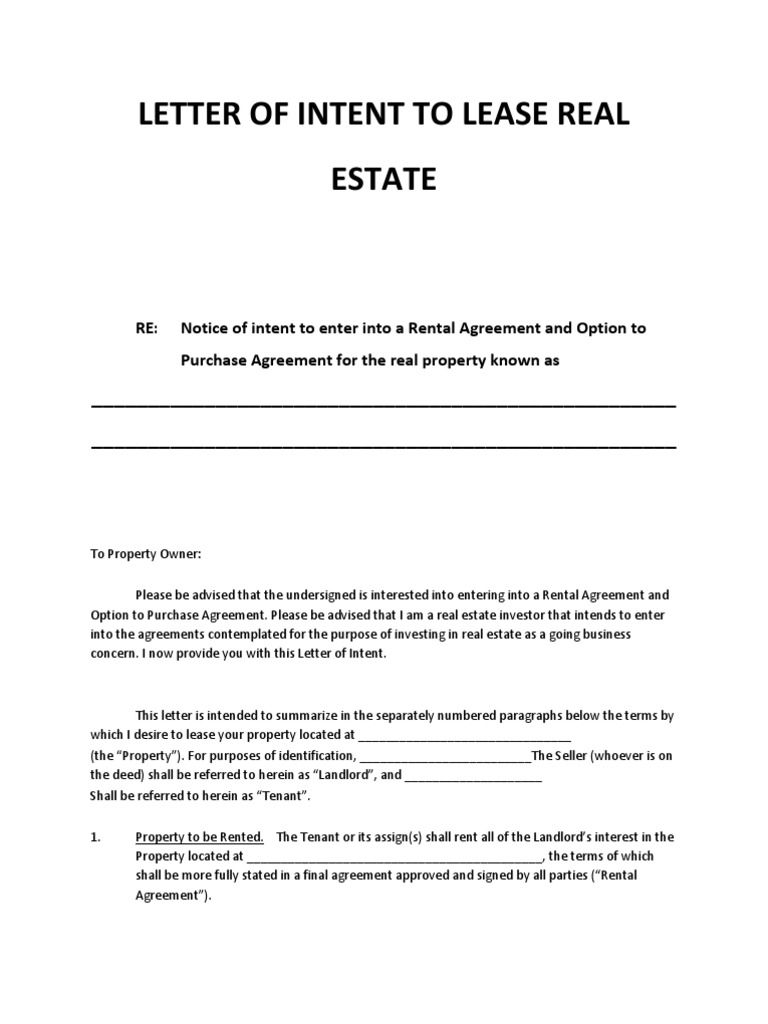 Letter of Intent To Lease Real  PDF Intended For Letter Of Intent For Real Estate Purchase Template