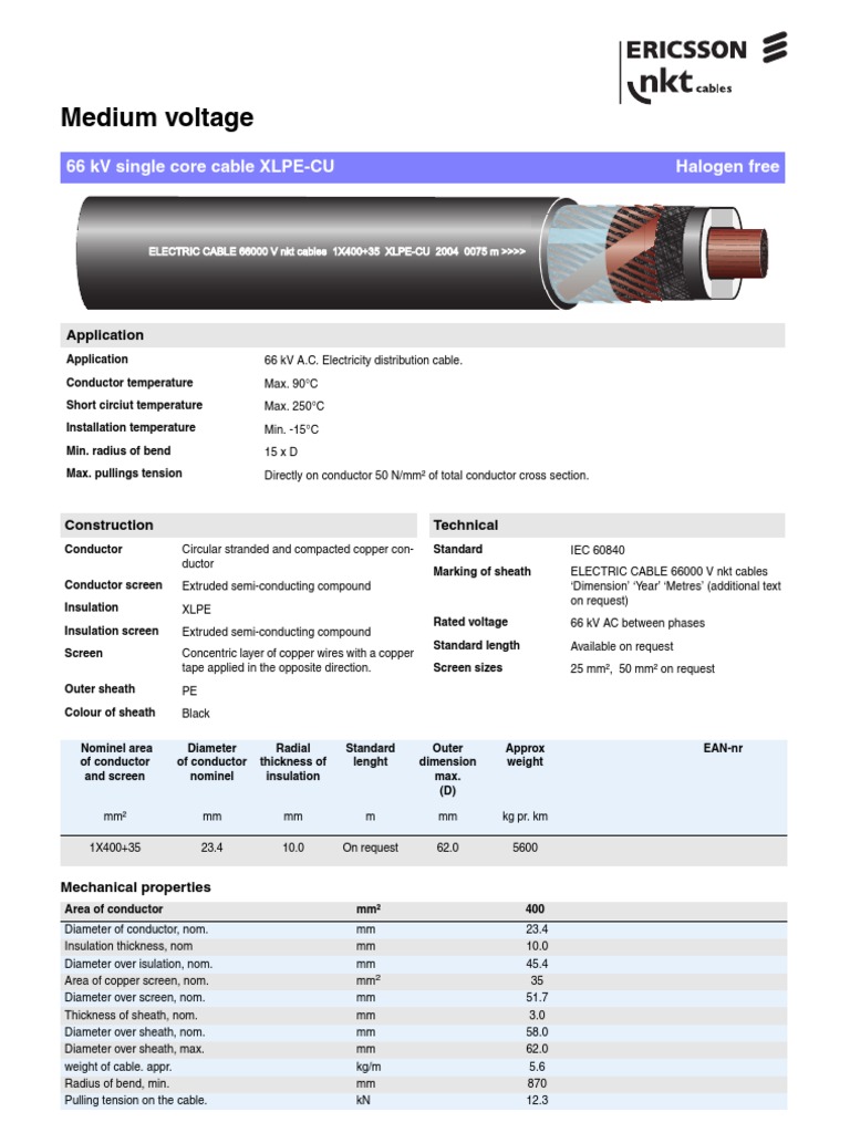 66 kV 400 mm² XLPE-CU Cable Specs | PDF | Cable | Insulator (Electricity)