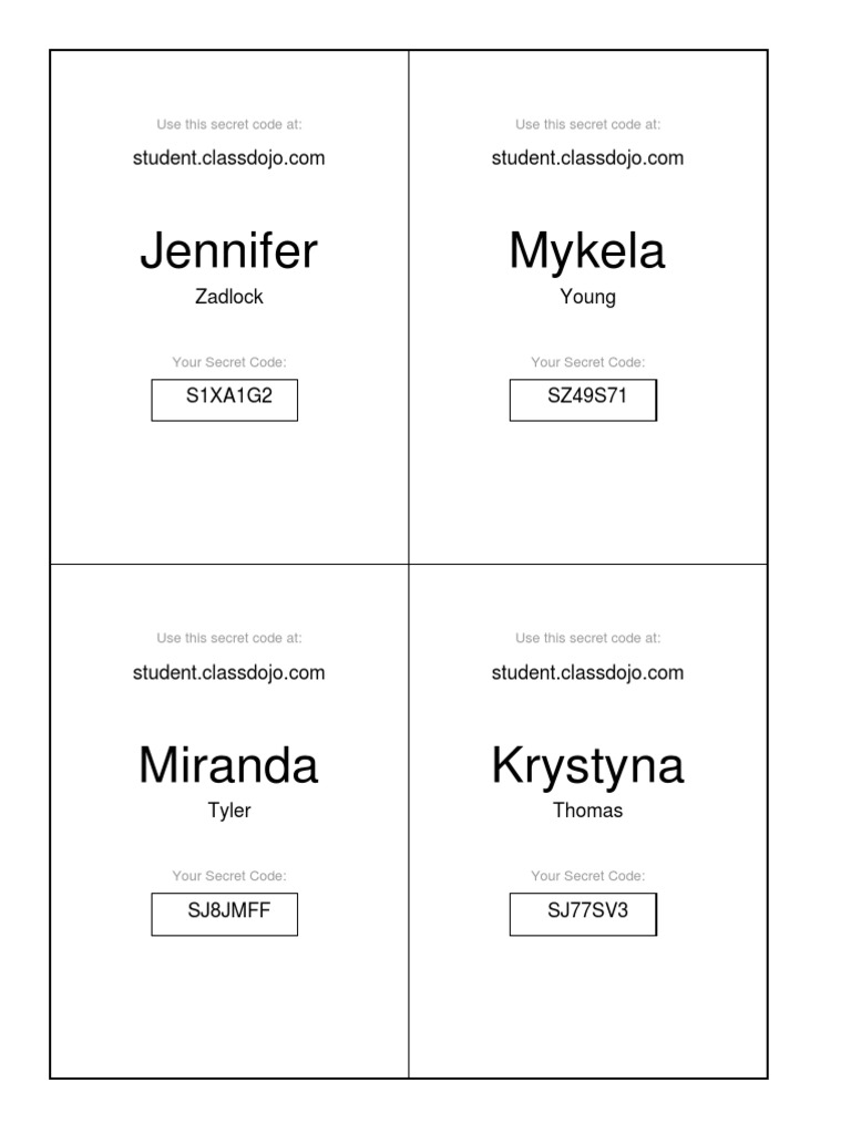 ClassDojo Student Secret Codes | PDF | Sports & Recreation | Lifestyle