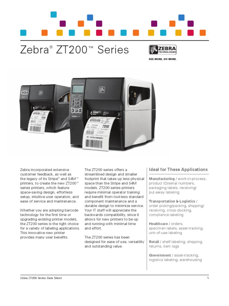 Zebra ZT200 Series Printer Datasheet | Printer (Computing) | Packaging