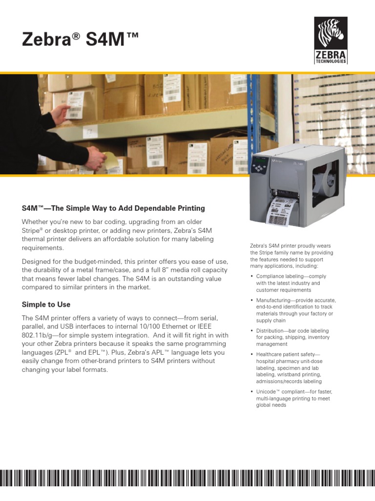 Zebra s4m Printer Datasheet | PDF | Barcode | Printer (Computing)