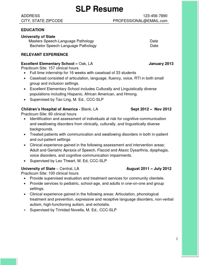 SLP Graduate Resume Example | PDF | Speech Language Pathology | Mental ...