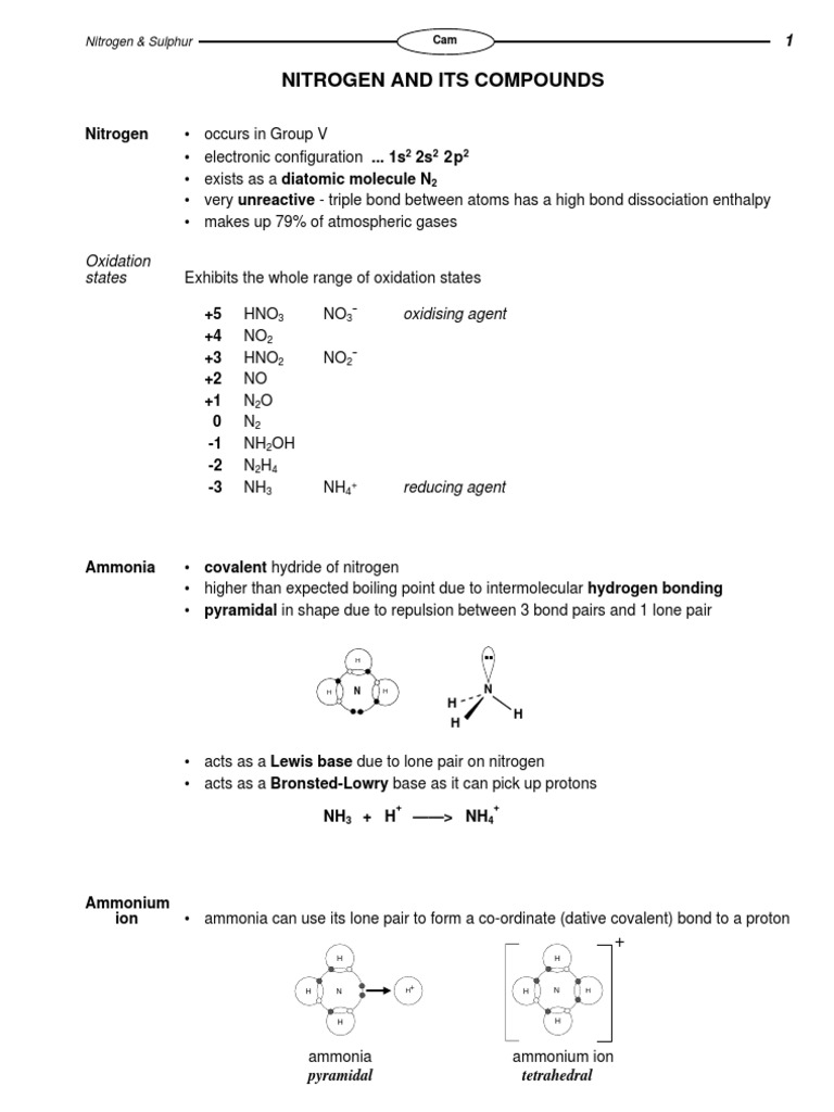 Chemistry of Nitrogen & Sulphur | PDF | Hydrogen | Nitrogen