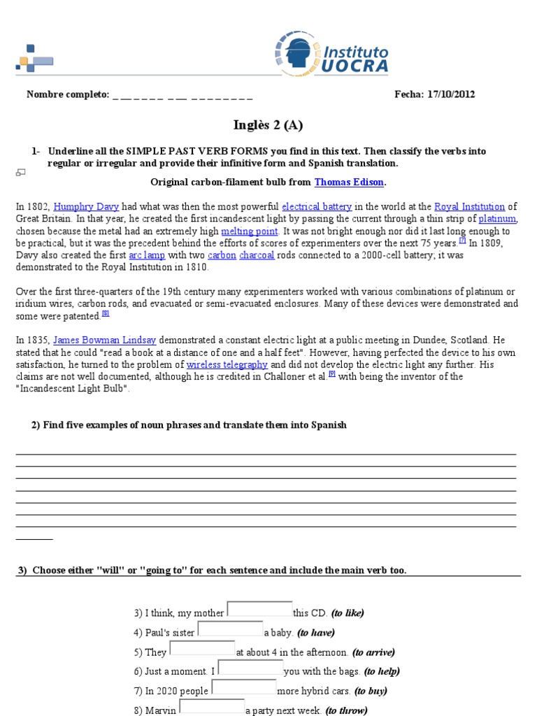 Ingles 2 Test B 2012 PDF Incandescent Light Bulb Verb