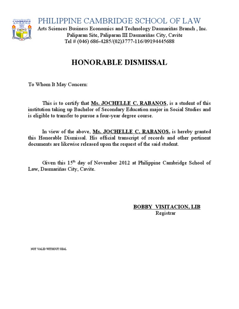 Honorable Dismissal of RABANOS