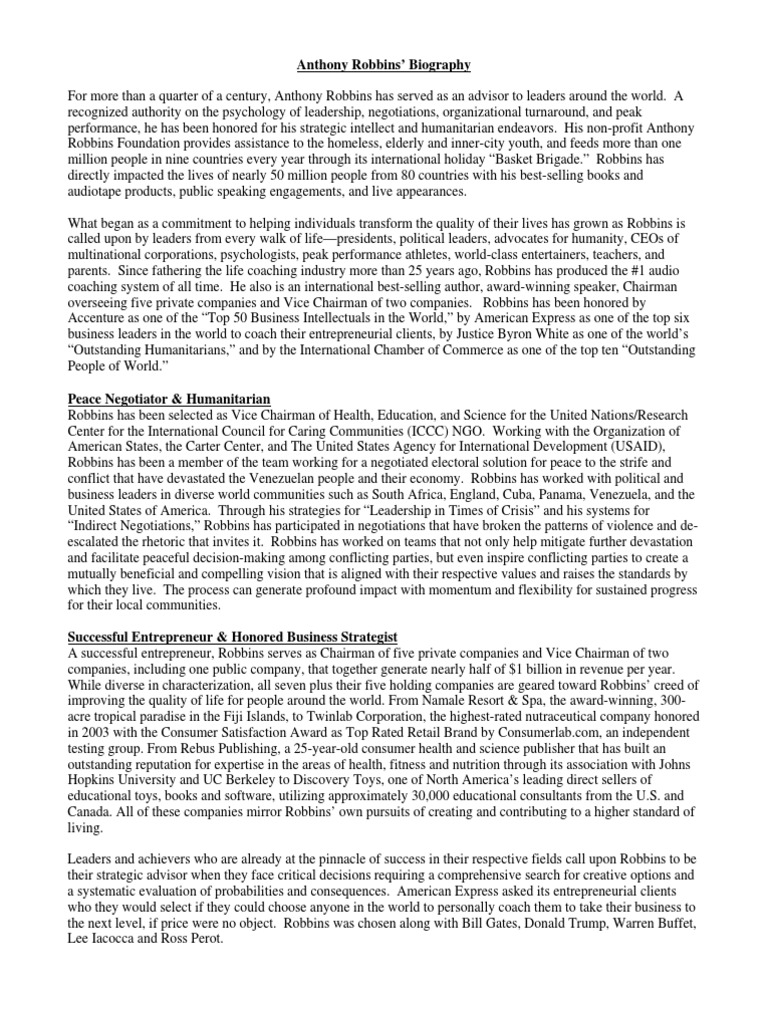 Biography of Anthony Robbins | PDF | Leadership | The United States