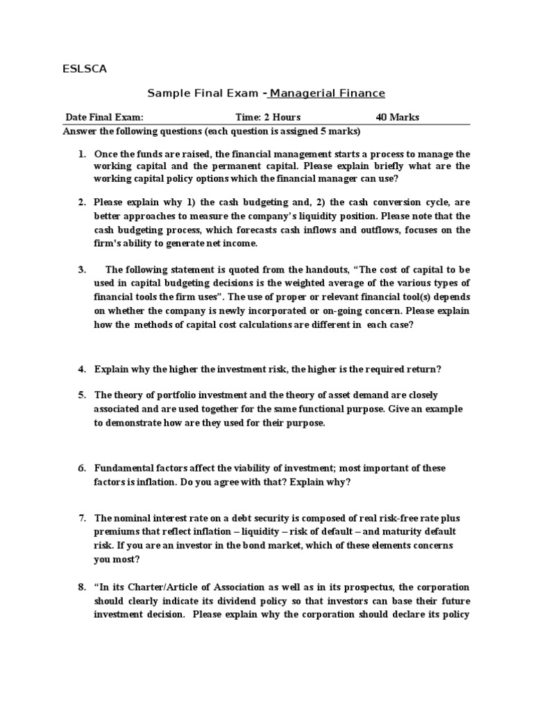 Sample Final Exam Managerial Finance Investor Investing