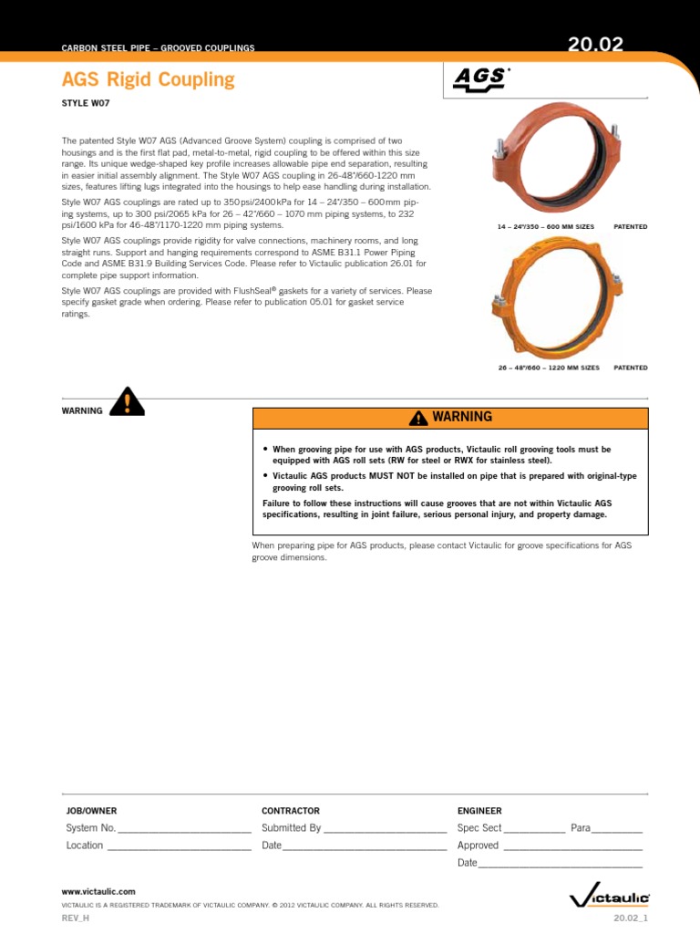 Victaulic W07 Rigid Cplg 20 02 Pdf Pipe Fluid Conveyance Industries