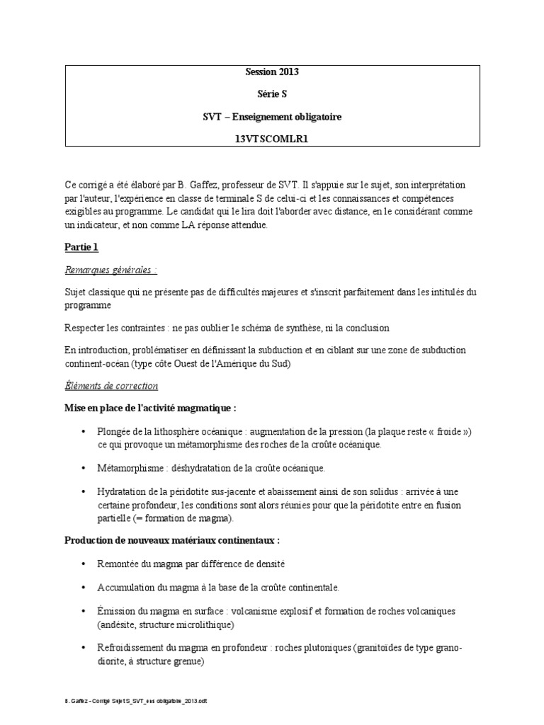 Sujet Brevet Svt Avec Corrigé Pdf 2014 BacS 2013 Corrige SVT Oblig | PDF | Synapse | Magma