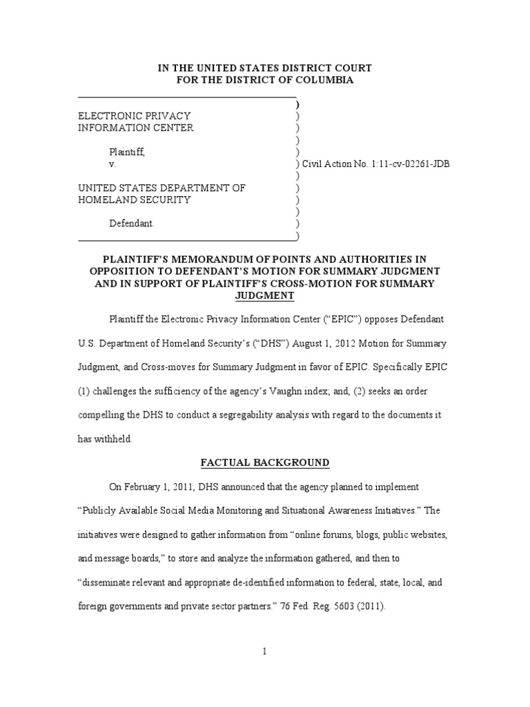 EPIC V DHS 11 2261 Memo in Support PDF | PDF | Freedom Of Information ...