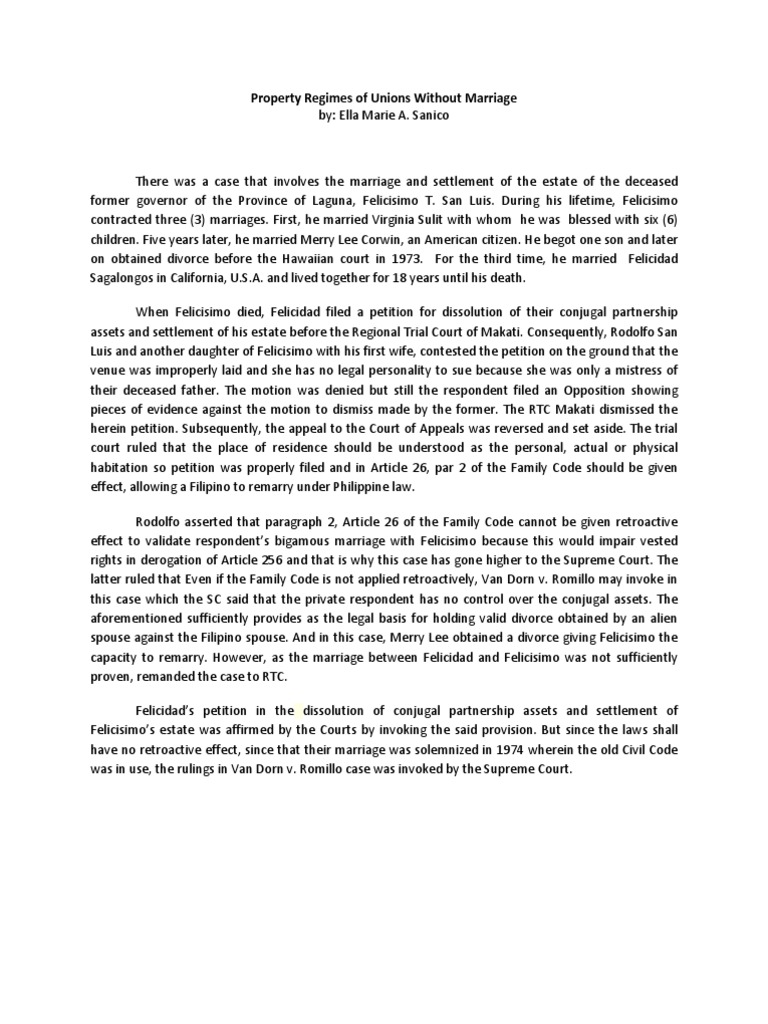 Property Regimes of Unions Without Marriage PDF Marriage Divorce