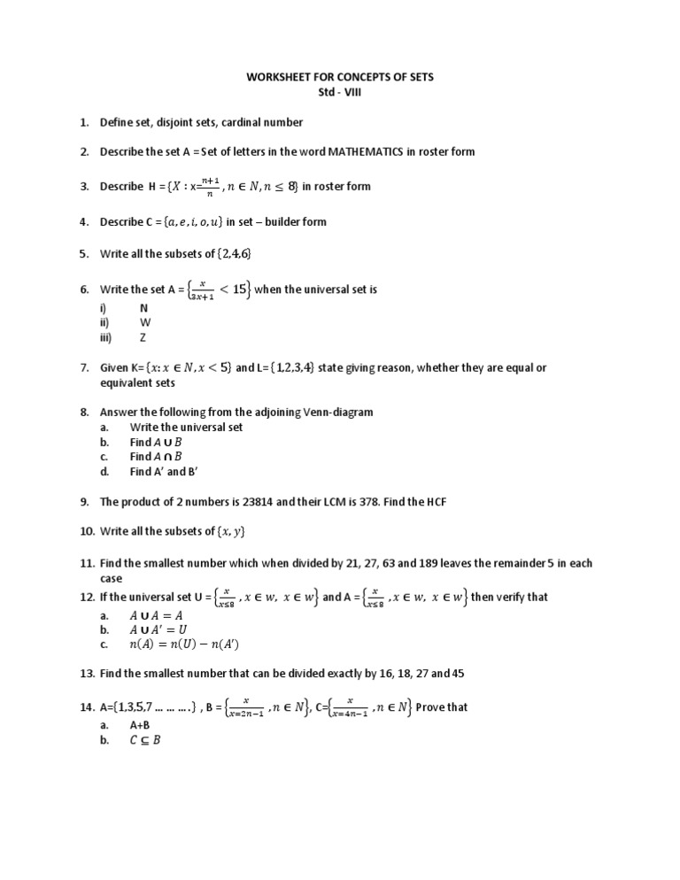 Worksheet For Concepts of Sets STD - Viii | PDF | Teaching Methods ...