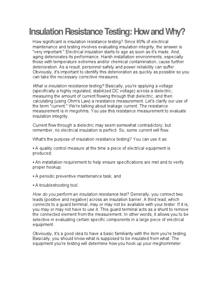 Insulation Resistance Testing PDF Electrical Resistance And