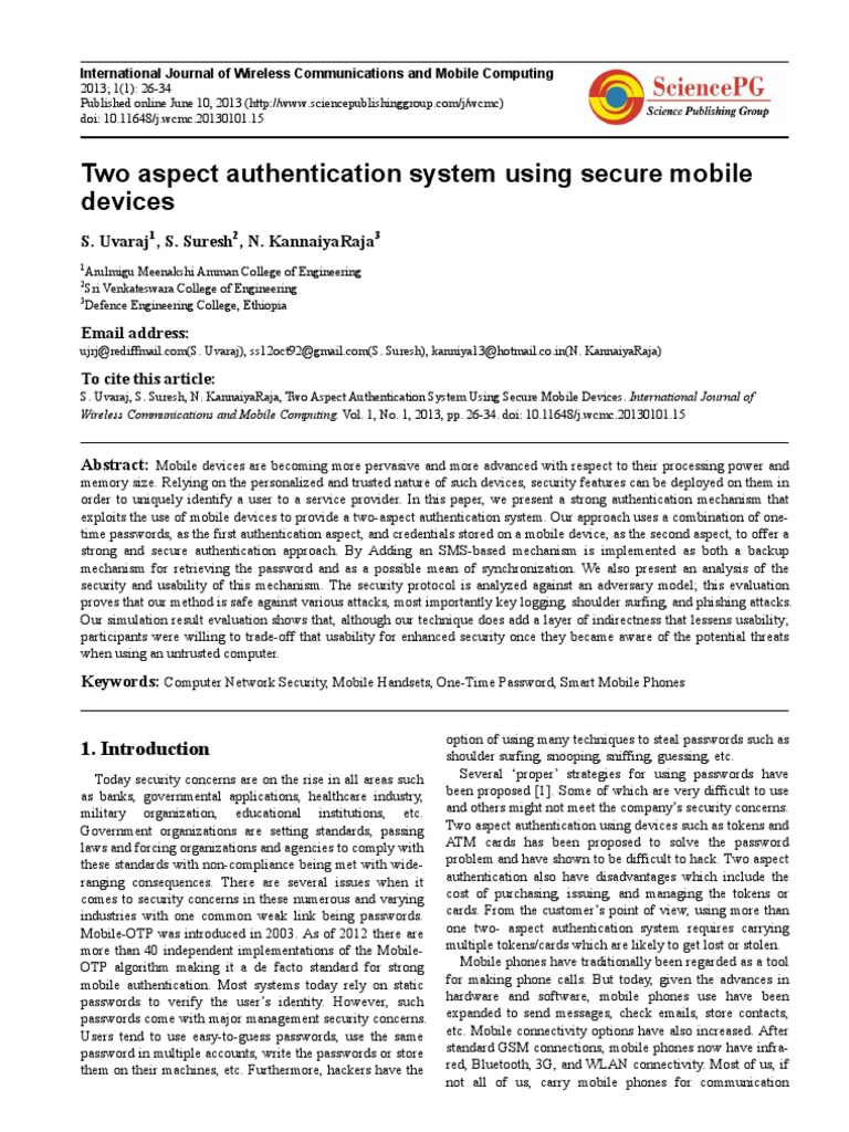Two-Aspect Mobile Authentication System | PDF | Personal Identification ...