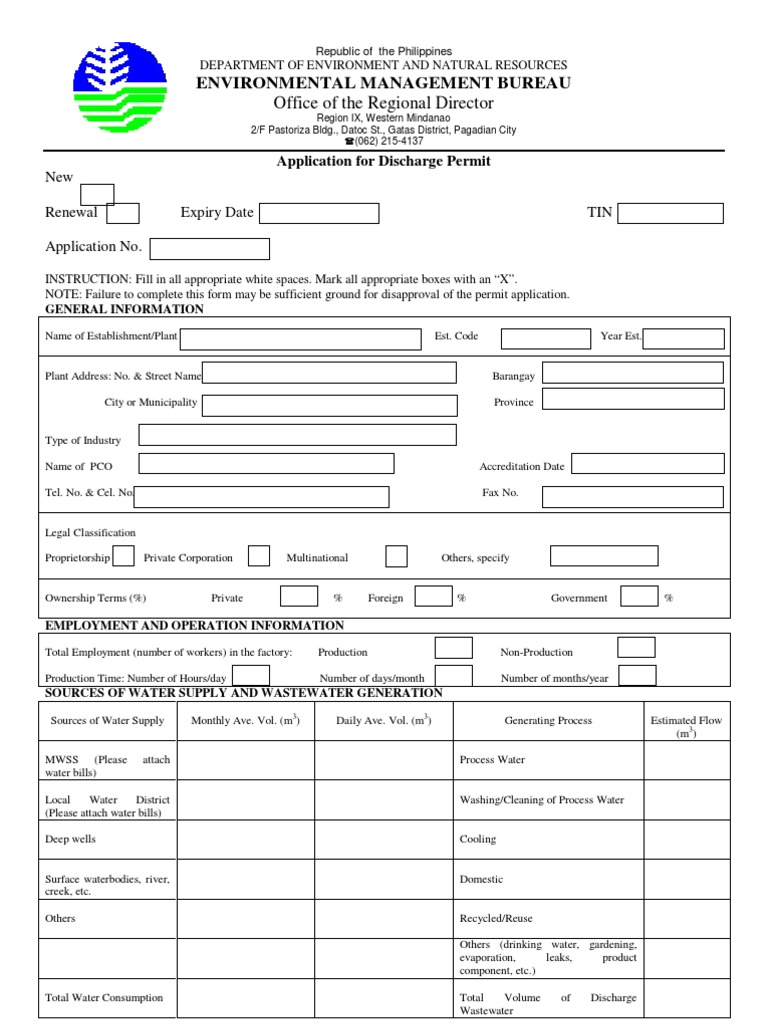 WASTEWATER DISCHARGE FORM, EMB, DENR Wastewater Drinking Water