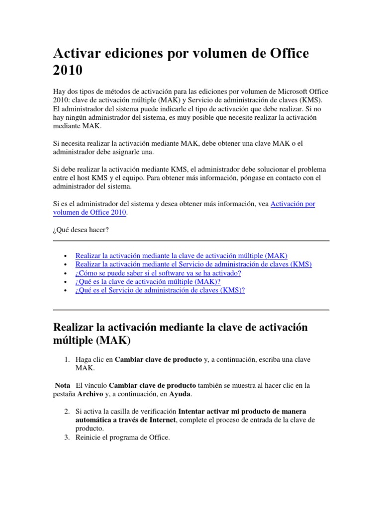 Activar Ediciones Por Volumen de Office 2010 | PDF | Microsoft | Servidor  (Computación)