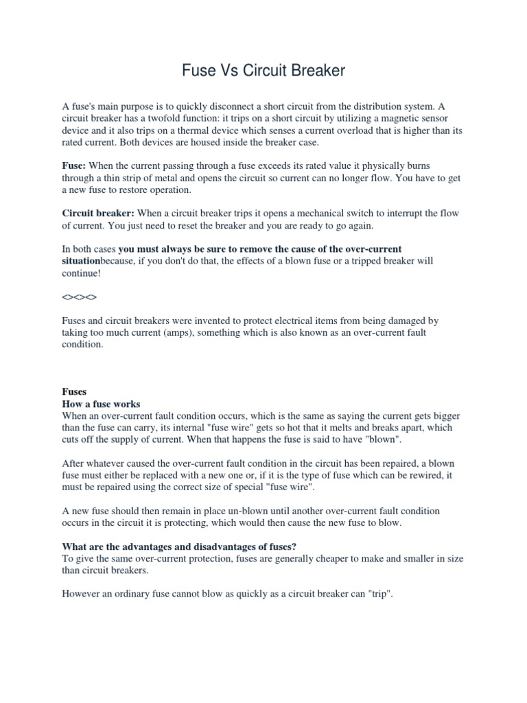 Fuse Vs Circuit Breaker PDF Fuse (Electrical) Relay