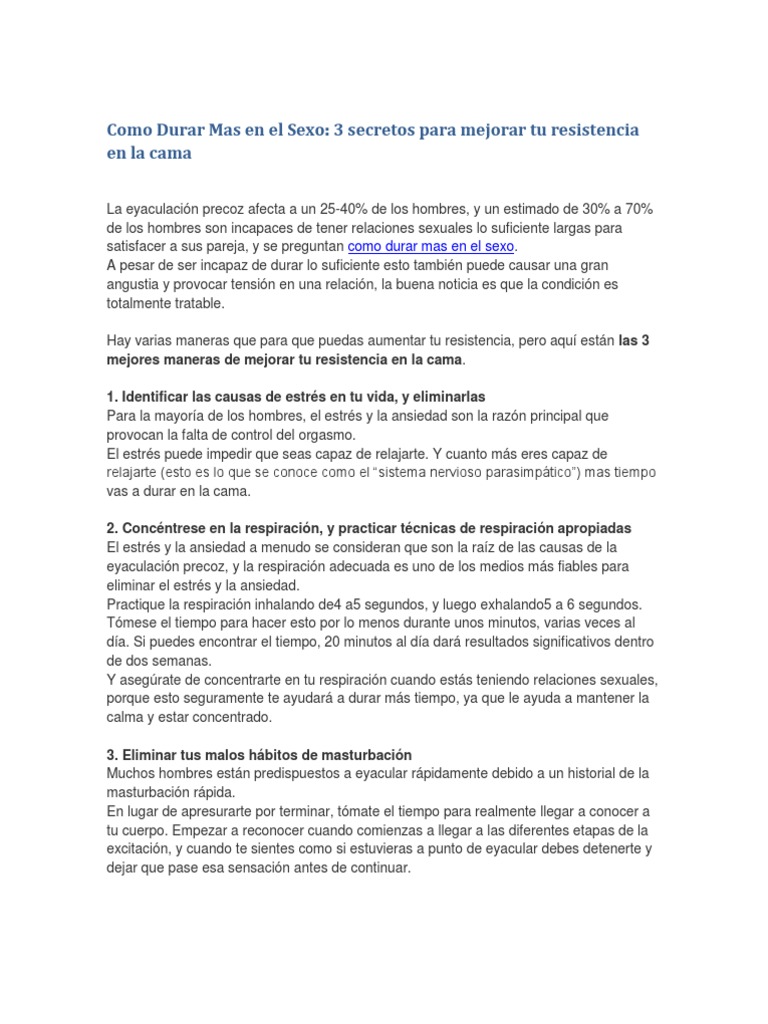 Como Durar Mas en El Sexo 3 Secretos para Mejorar Tu Resistencia en La Cama | PDF | Eyaculación