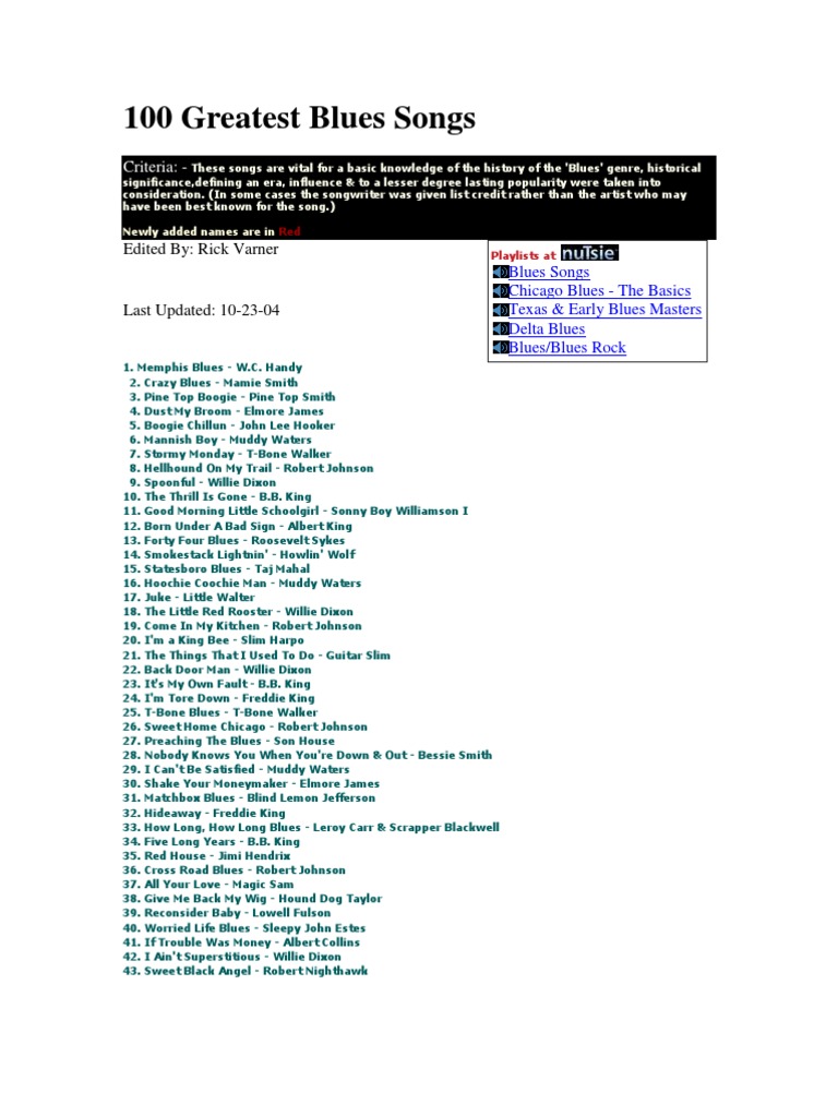 100 Greatest Blues Songs Pdf Blues American Popular Music