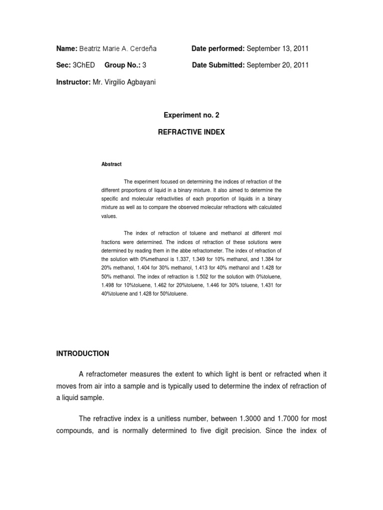 Refractive Index in Binary Mixtures | PDF | Refractive Index | Density