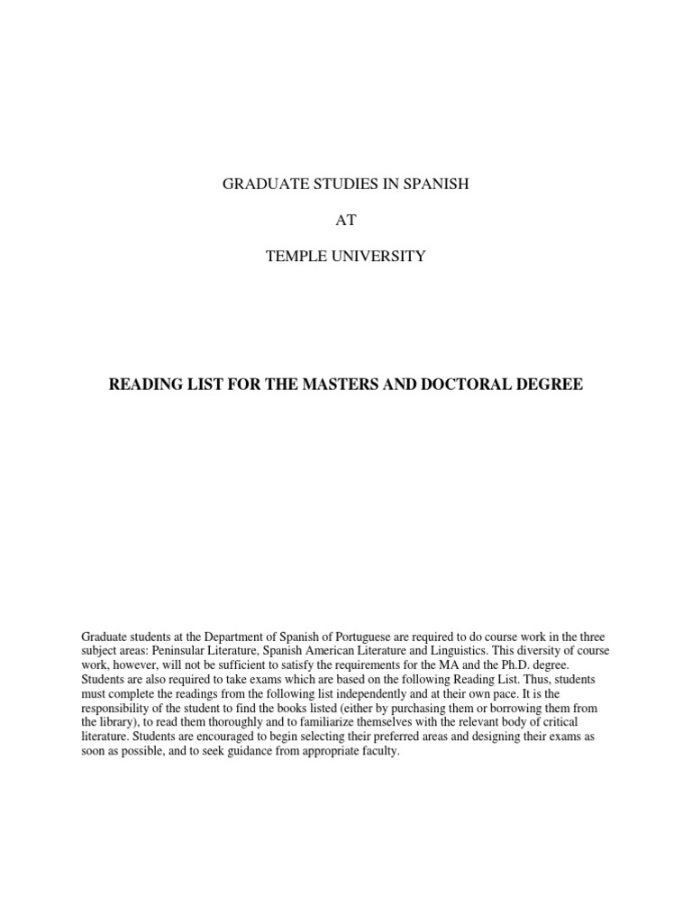 Graduate Studies in Spanish AT Temple University Reading List For The