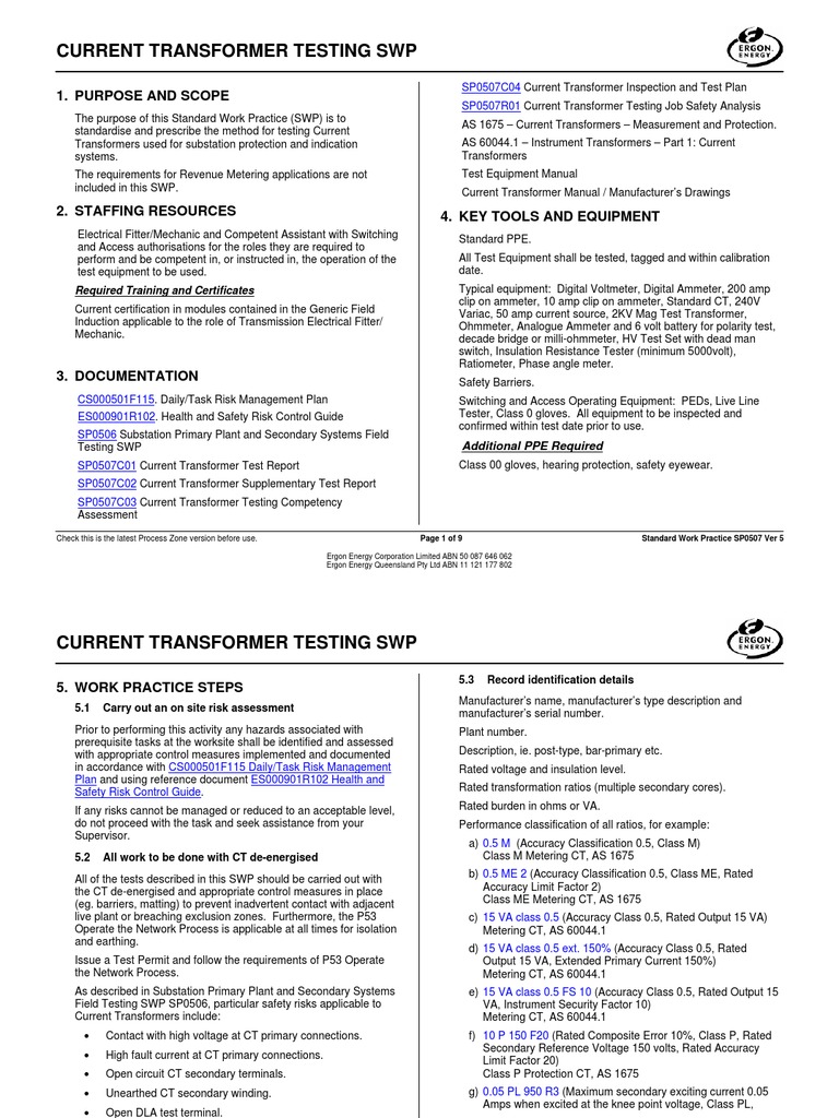 Current Transformer Testing SWP Guide | PDF | Transformer | Electricity