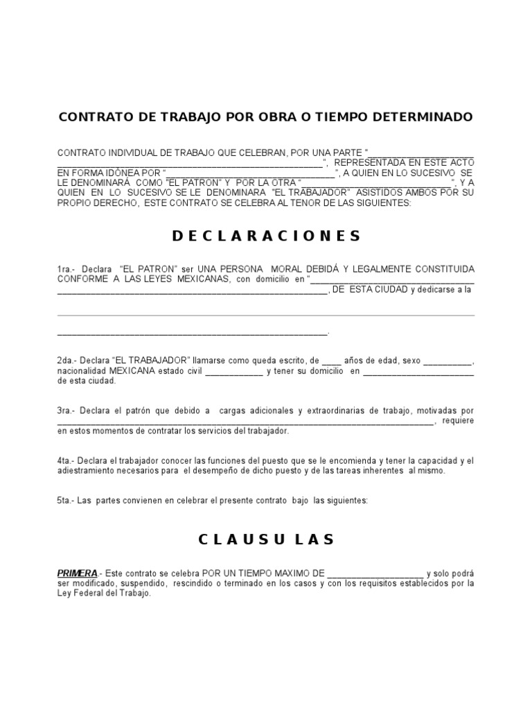 Contrato De Trabajo Por Obra Salario México Prueba Gratuita De 30