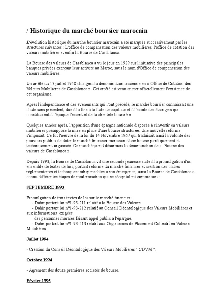 Historique Du Marche Boursier Marocain Fonctionnement Bourse Des Valeurs Systeme D Information