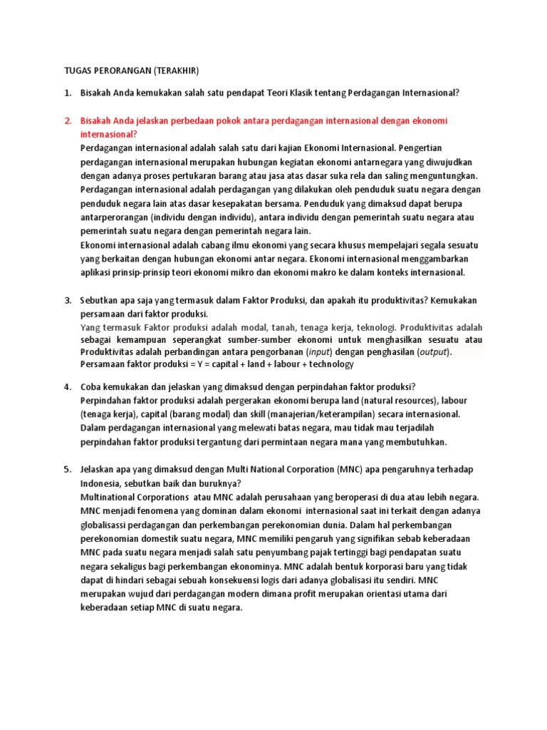 Soal Ekonomi Internasional Berdasarkan Perkiraan Saat Perkuliahabn