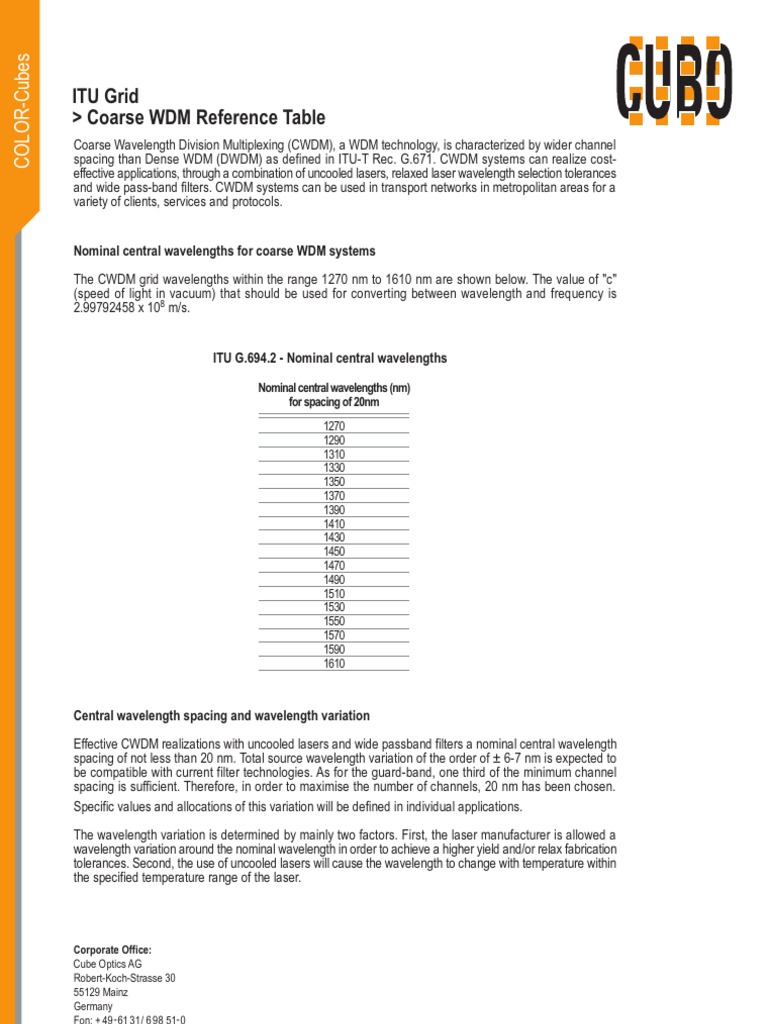 CWDM Wavelength Reference Table | PDF | Wavelength Division ...