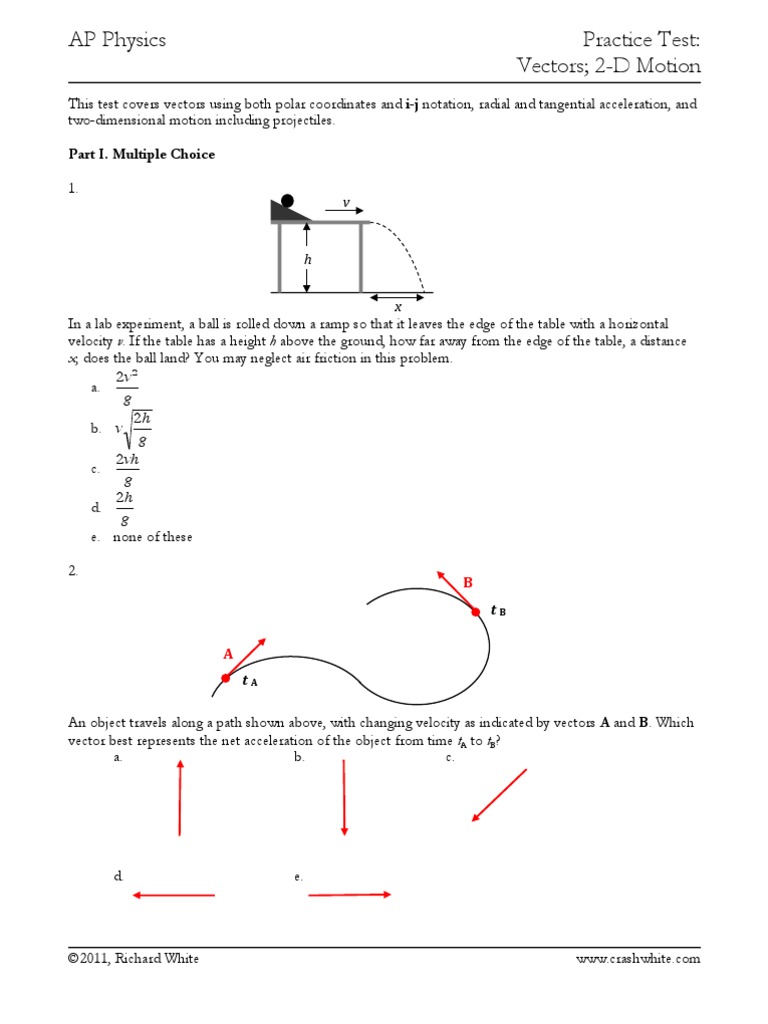 Practice Test 2 Vectors 2d Motion PDF Acceleration Velocity