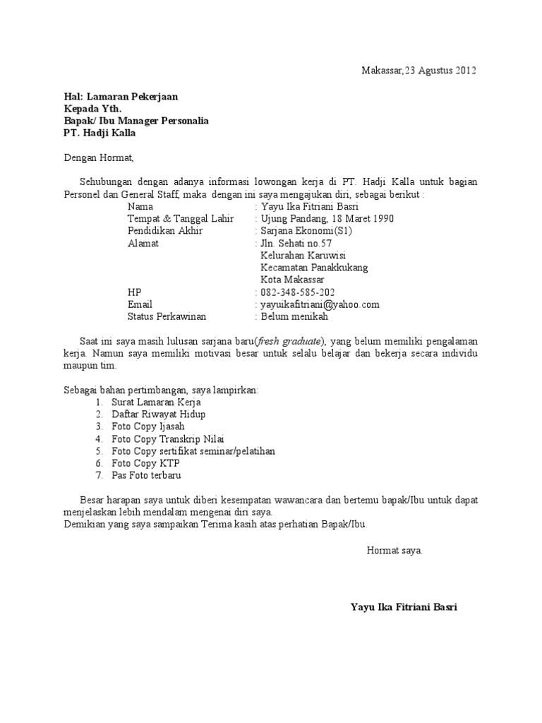 Surat Lamaranku Untuk Pt Hadji Kalla