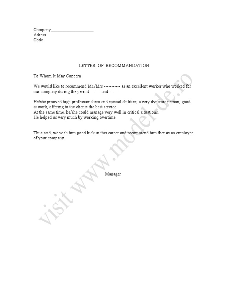 Scrisoare de Recomandare - Model Scrisoare in Limba Engleza