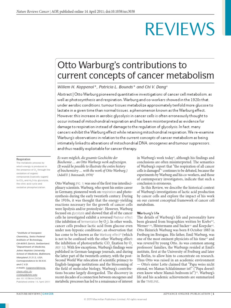 Otto Warburg’s contributions to cancer metabolism Glycolysis Cellular Respiration