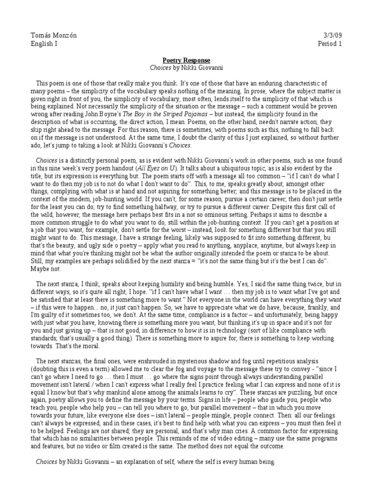 Poetry Response Choices Poetry Cognition