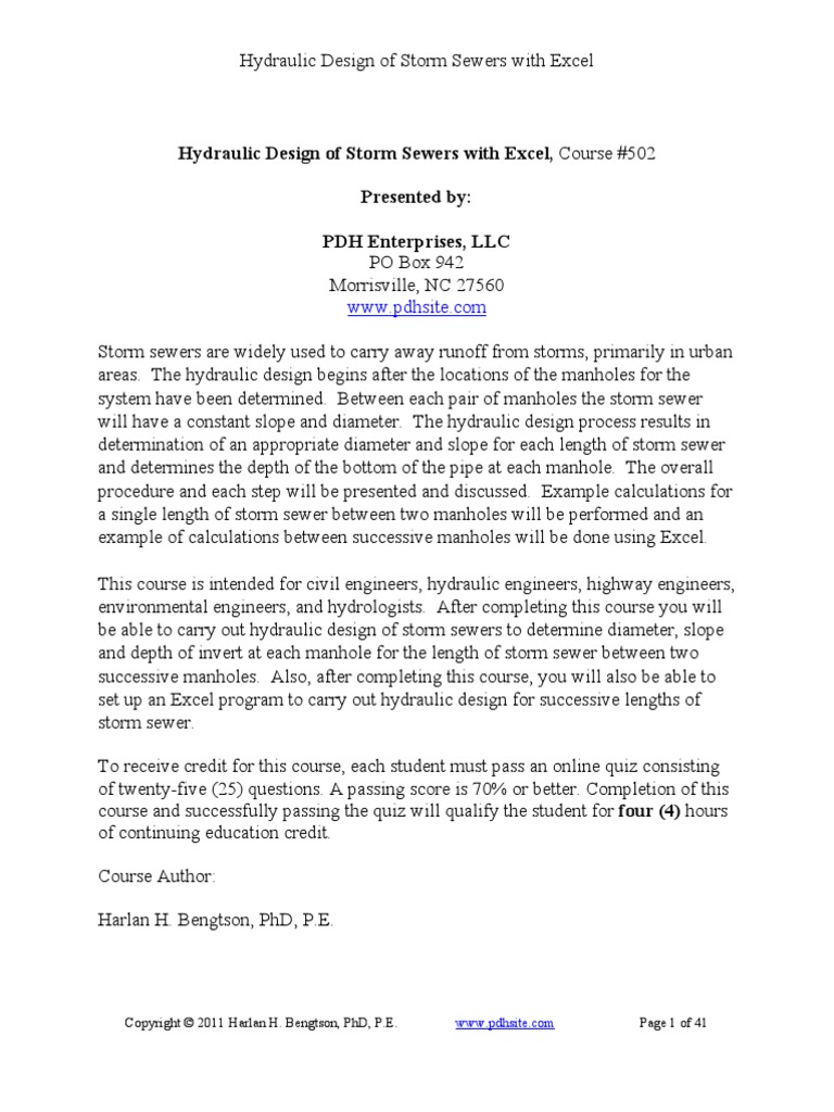 Hydraulic Design of Storm Sewers With Excel Course | PDF | Surface ...