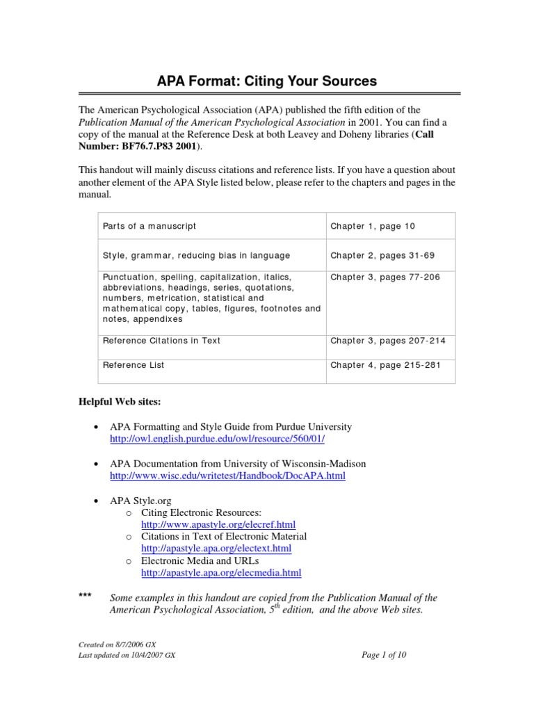 Apa Format Citing Your Sources 3 2007 | Citation | Apa Style